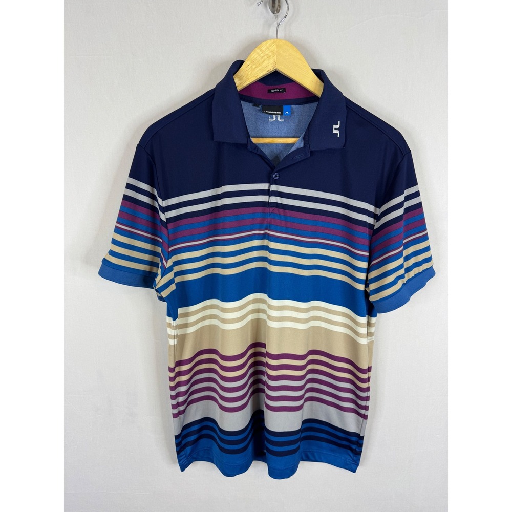 J.Lindeberg Mens Regular Fit Striped Golf Polo Shirt Navy Blue Purple‎ Large